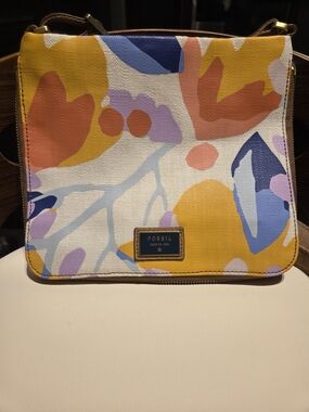 Fossil Yellow Multicolor Floral Canvas Crossbody